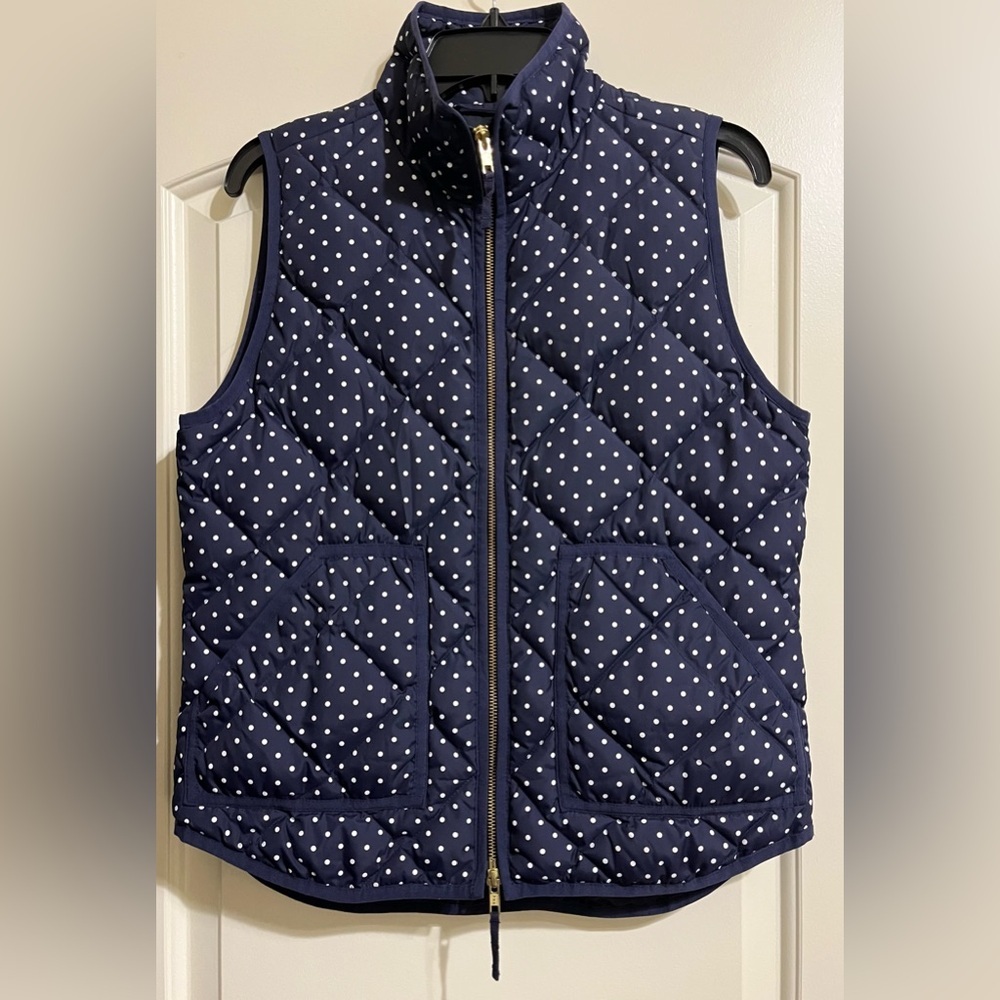 J. Crew Women’s Down Feathers Navy Blue White Quilted Puffer Vest Size Small